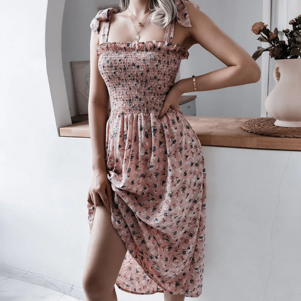 

Dress Women 2021 New Arrive Spring Summer Casual lace-up sleeveless floral pleated chiffon dress