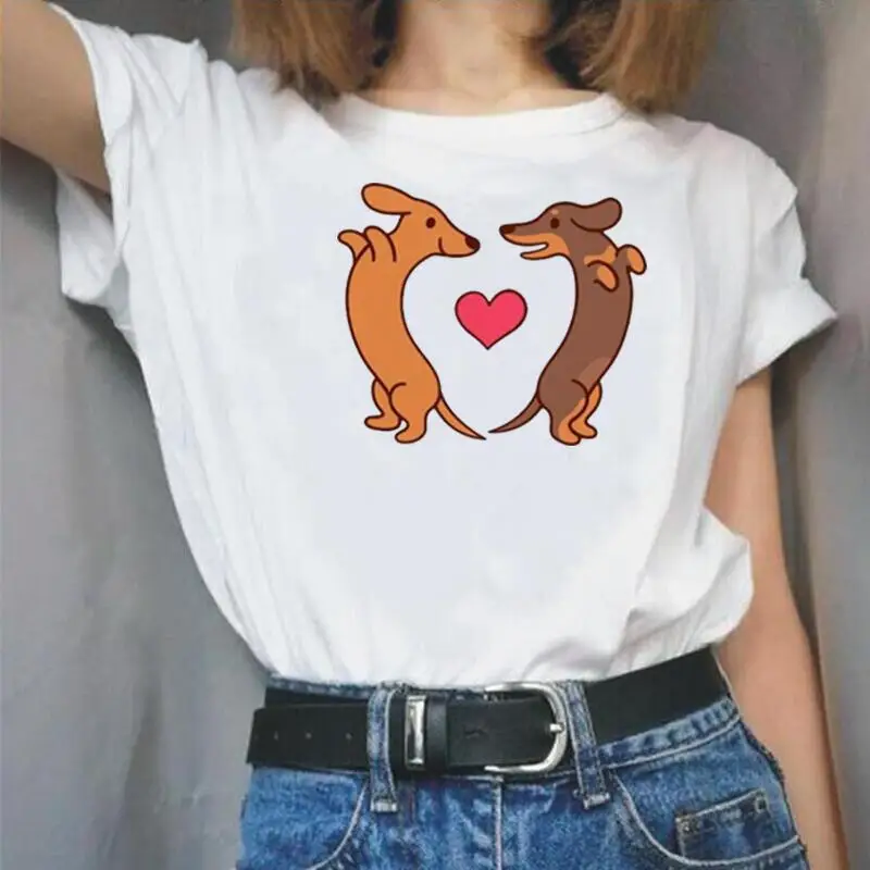 

Футболка женская с рисунком собаки, модная уличная одежда с таксой, с коротким рукавом, рубашка в стиле Харадзюку, на лето