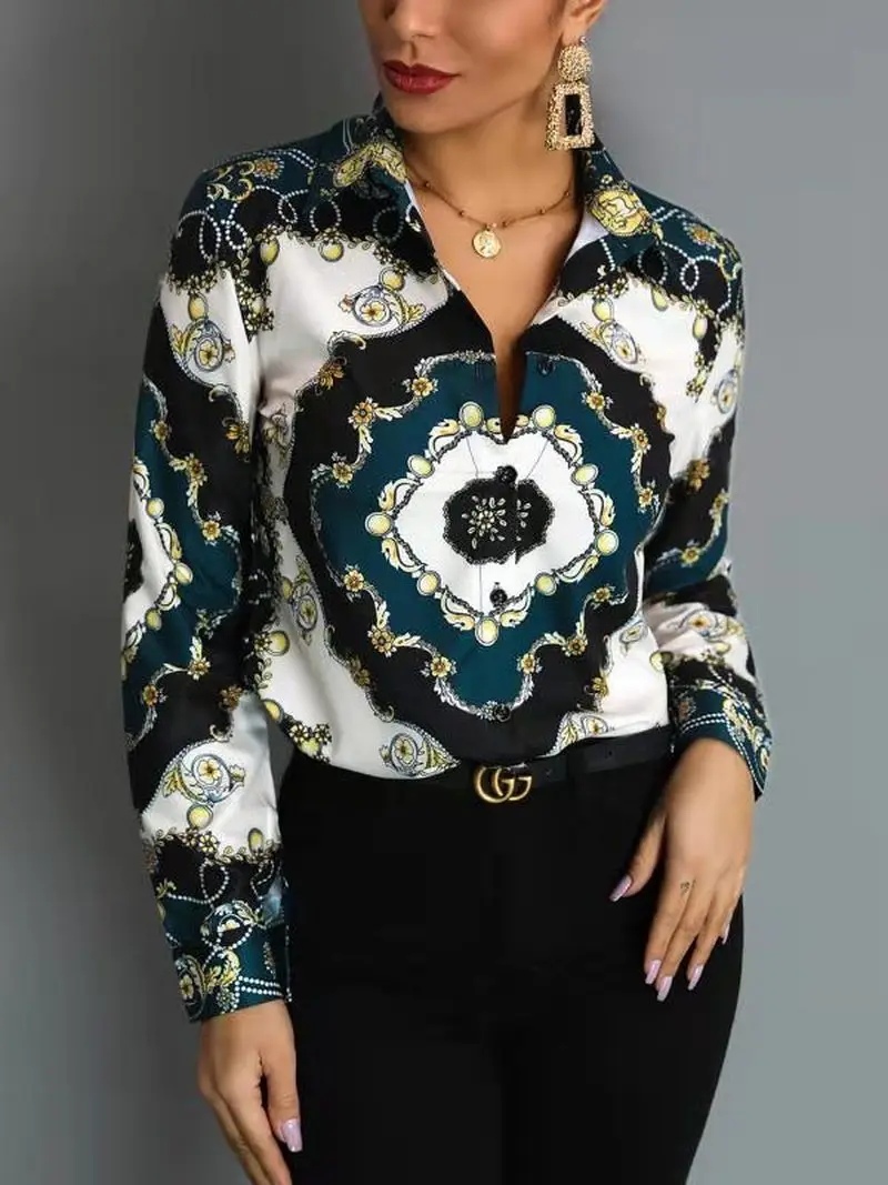 Женская офисная блузка с цветочным принтом Элегантная стильная рубашка длинным