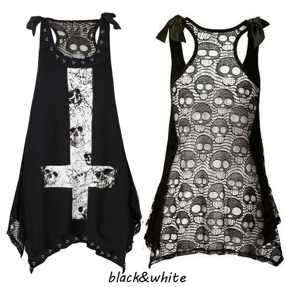 Wipalo Fashion Skull Print Loose Lace Patchwork Bandages Casual Sleeveless Tops Tank T Shirt Women S 5XL|Майки| |