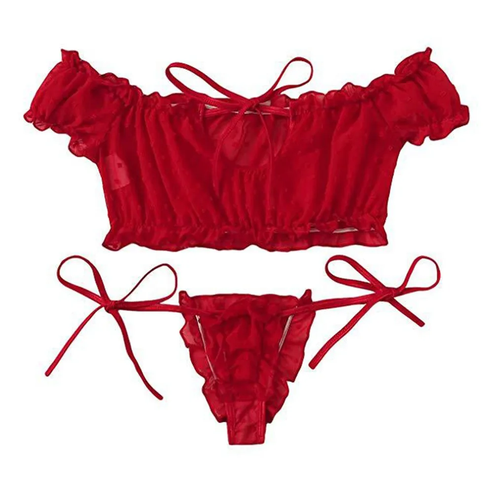 

Sexy Lingerie Erotic Women Embroidery Lace Bowknot Strapless Bra Thong Set Sleepwear Pajamas Lingerie Seamless G-string Panties