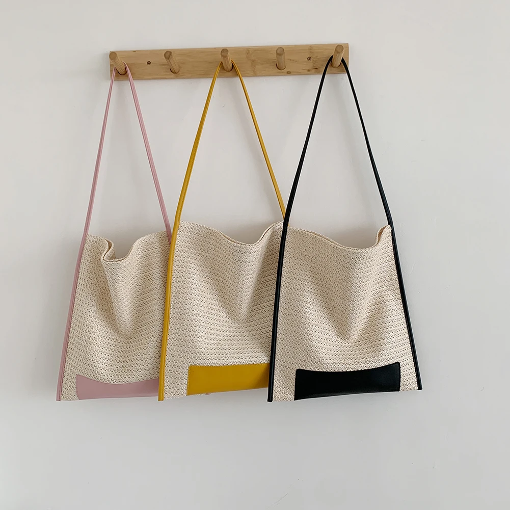 

Модная женская плетеная Сумка для покупок контрастных цветов, женская летняя пляжная вместительная сумка-тоут для отпуска, сумки через пле...