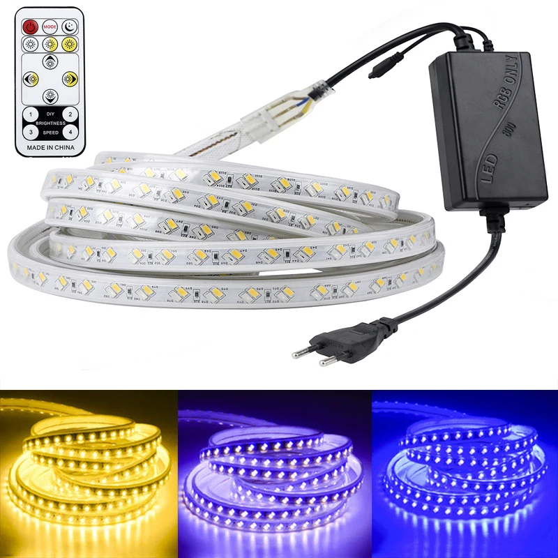 

AC220V LED Strip SMD 5630 Warm White + White IP67 Waterproof Outdoor Use Flexible LED Soft Light Strip Dimmable with Remote