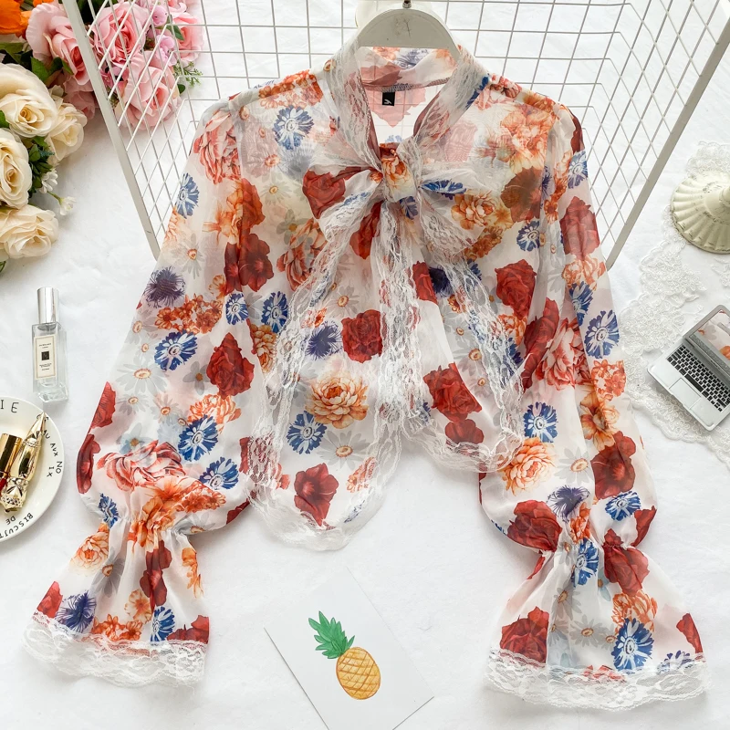 Французский дворцовый ретро-стиль женская дизайнерская блузка с кружевным