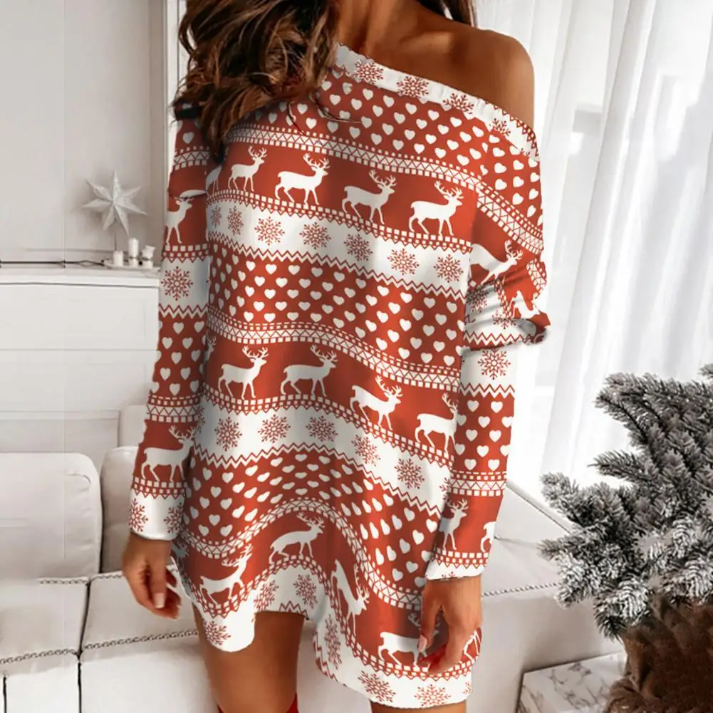 

Dropshipping!!Christmas Elk Print Mini Dress Off Shoulder Autumn Long Sleeve Straight Party Women Dress for Vacation