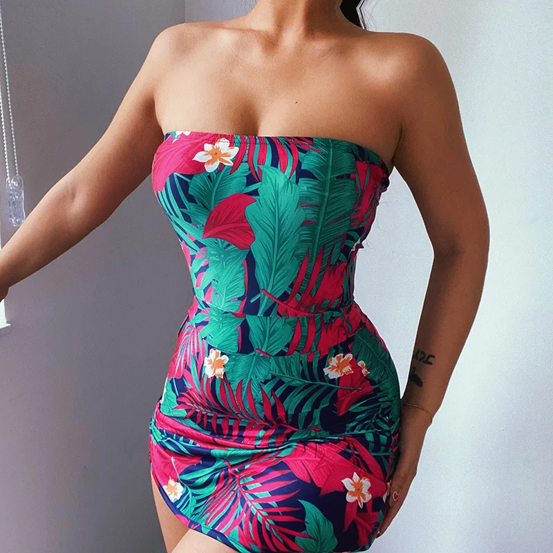 

Dresses for Women 2021 Bodycon Summer Ladies Boho Floral Print Sexy Strapless Halter Mini Asymmetry Bohemian Beach Party Dress