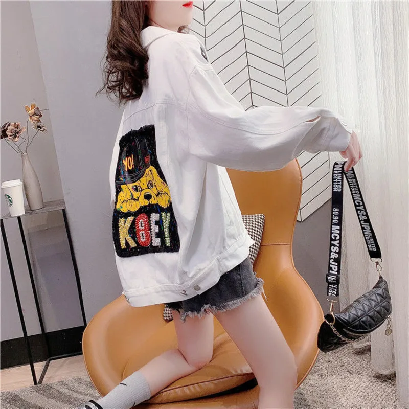 

Cartoon Print Women's Denim Jacket Coat Diamonds BF Jeans Outwear Female Spring Autumn Casual Loose Cowboy Outwear Streetwear