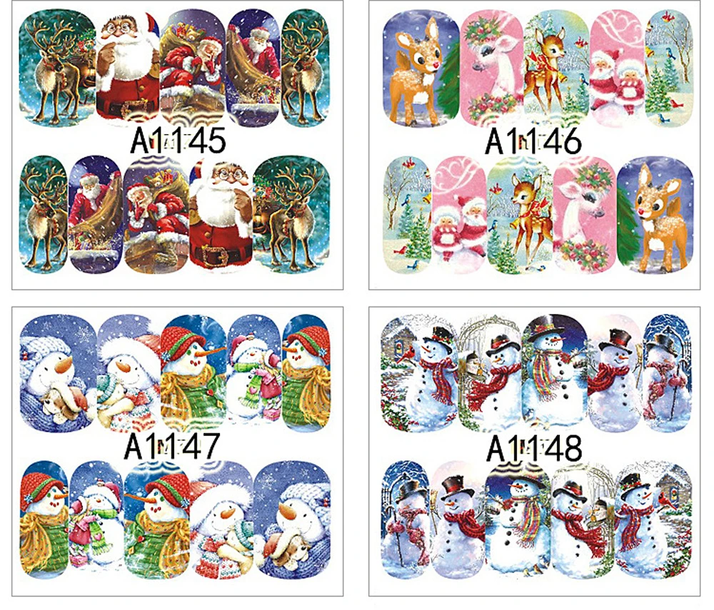 12Pcs Christmas Winter Popular Water Slide Nail Art Sticker Self-Adhesive DIY Decals Tips Snowman Manicure Stickers Decal | Красота и