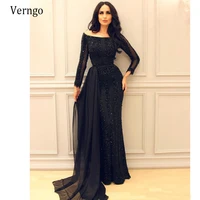 verngo modest navy blue lace beads long sleeves evening dresses detachable overskirt mermaid off shoulder saudi arabic prom gown