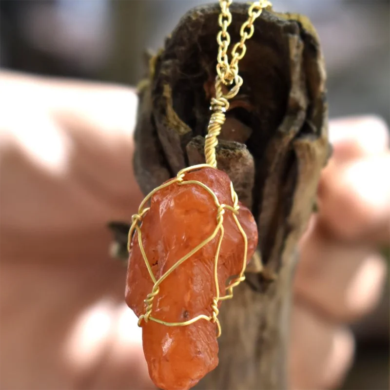 

Wire-wrapped Rough Carnelian Crystal Necklace Raw Jewelry Quartz Natural Stone Chunky Bohemian Minimalist Red Agate Charm KL39F3