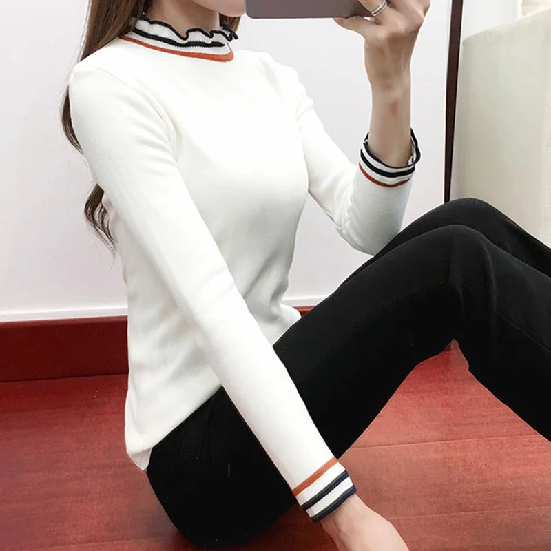 Knitted Women Solid Sweaters And Ruffled Collar Long Sleeve Casual Pullovers Sueter Mujer Tops Winter Sweet Korean Jumper