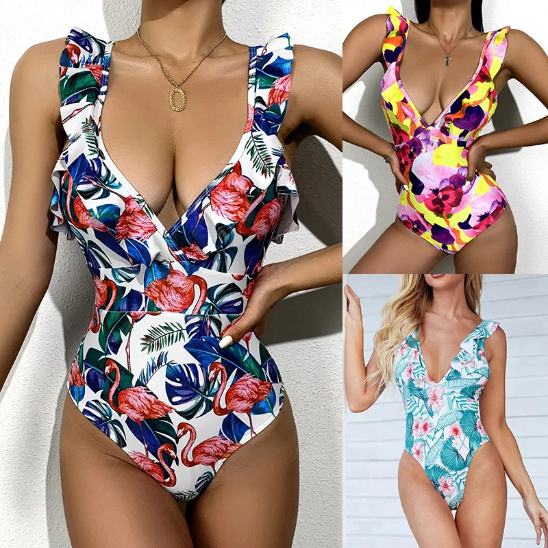 

2022 swimsuit women triangle one-piece print ruffled sexy swimsuit