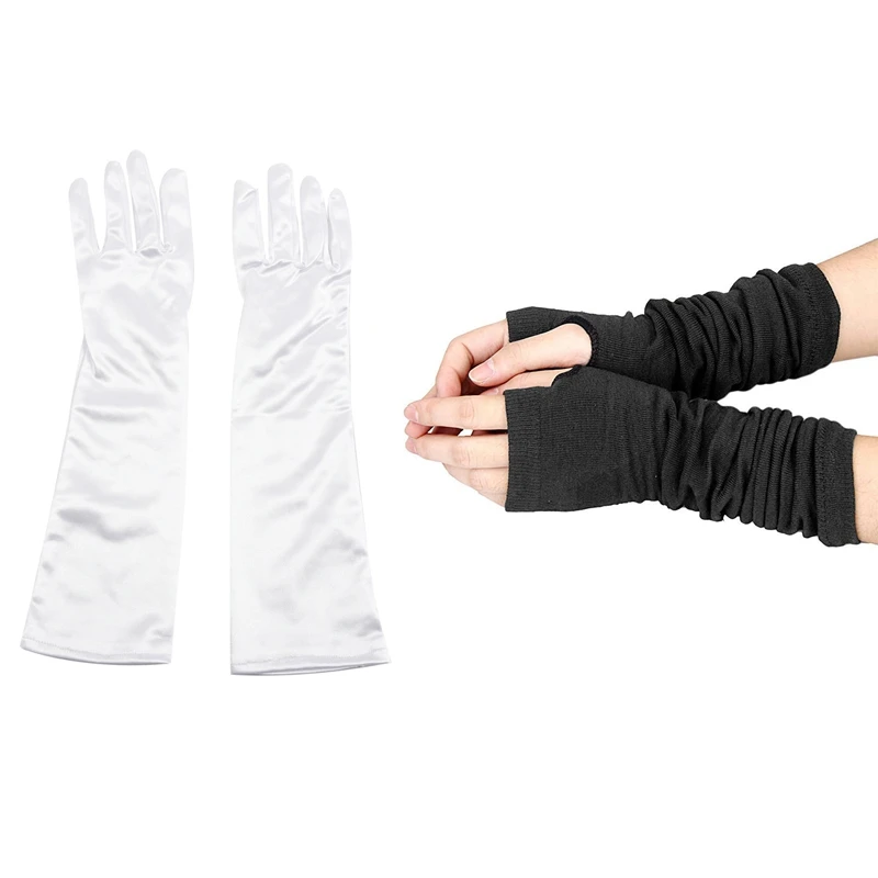 

White Ladies Long Satin Gloves Fancy Dress Wedding Prom Cocktail & Men Women Unisex Knitted Fingerless Gloves