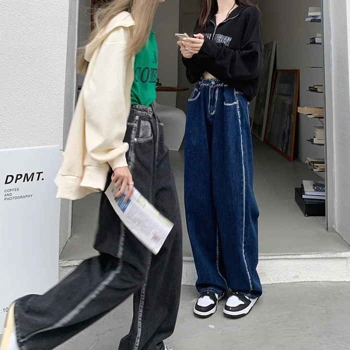 

Straight Striped Wide-leg Mopping Jeans for Women 2021autumn New High Waist Slimming All-matching Design Pants