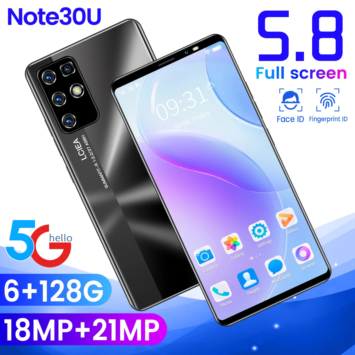 

New Arrival 2021 5.8 Inch Cheap Smart Phone NOTE30U 6+128GB Face Fingerprint ID Andriod 10 Double SIM Mobile Phone Celular Black