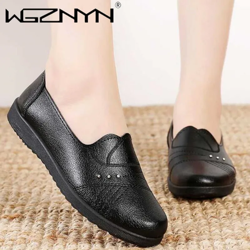 

Flat Shoes Women Genuine PU Leather Flats Casual Shoes Female Leather Shoes Size 35-41 Solid Black Flats Woman Autumn Shoes 2021