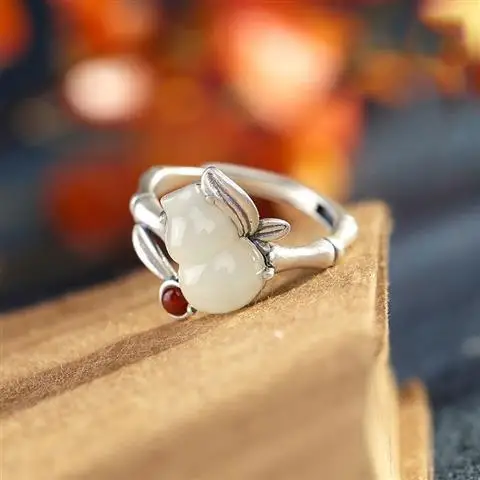 

Natural Hetian Jade Gourd S925 Sterling Silver Ring Lucky Fortune Ward off Evil and Have Good Luck Peaceful & Auspicious Gift Or