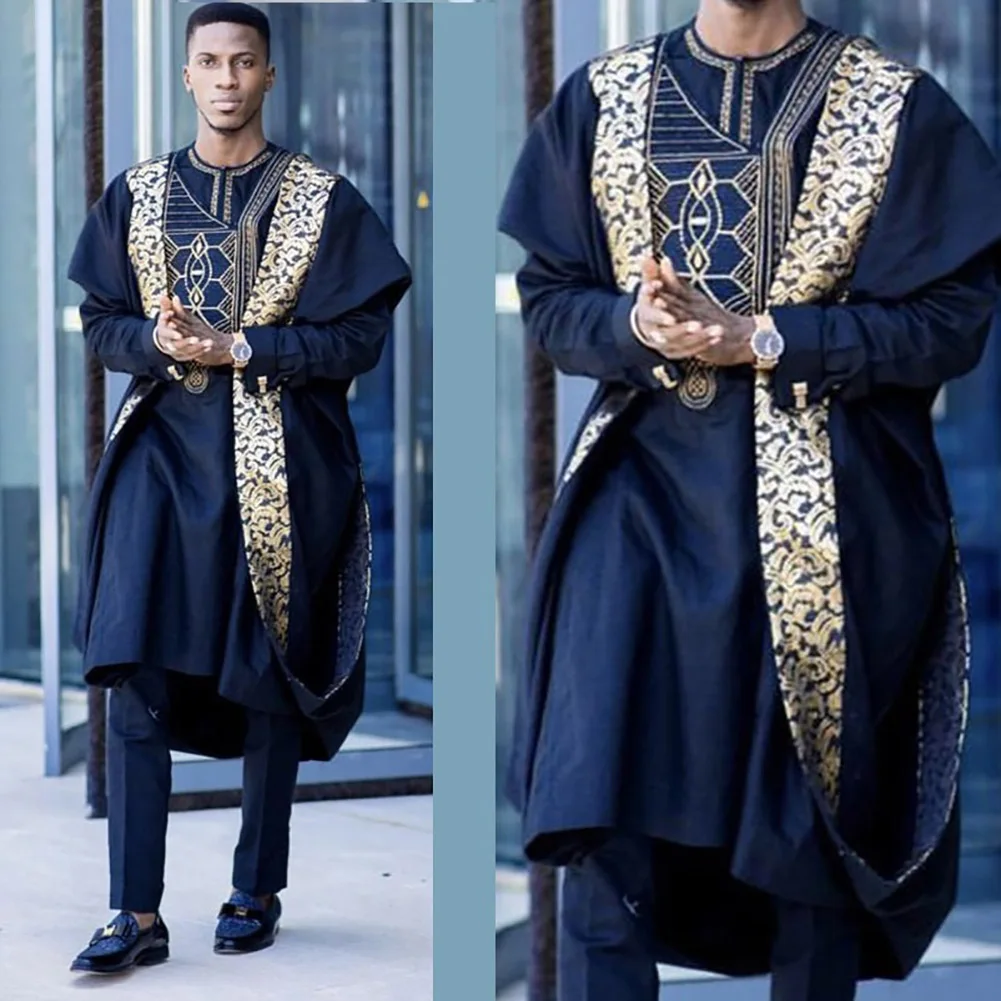 Opslea Agbada Африканский для мужчин печатных размера плюс рубашка Дашики Базен Riche костюмы Топы Брюки 3 шт. наборы Slim Fit формальный наряд Одежда