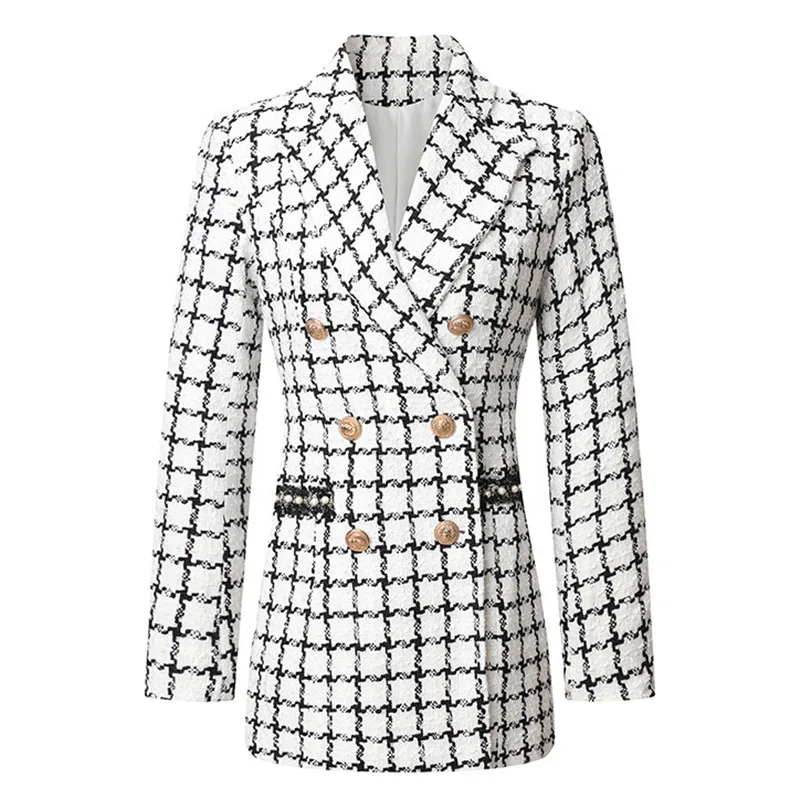 

Women Long Slim Blazer Black White Plaid Elegant Slim Double-breasted Blazer Lady Jacket Clothes Girl