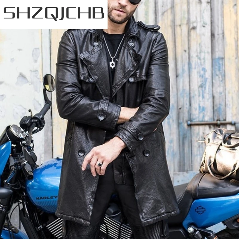 

JCHB 2021 Luxury Motorcycle Sheepskin Jacket Men 100% Real Leather Long Windbreaker Streetwear Autumn Double Breasted Biker Coat