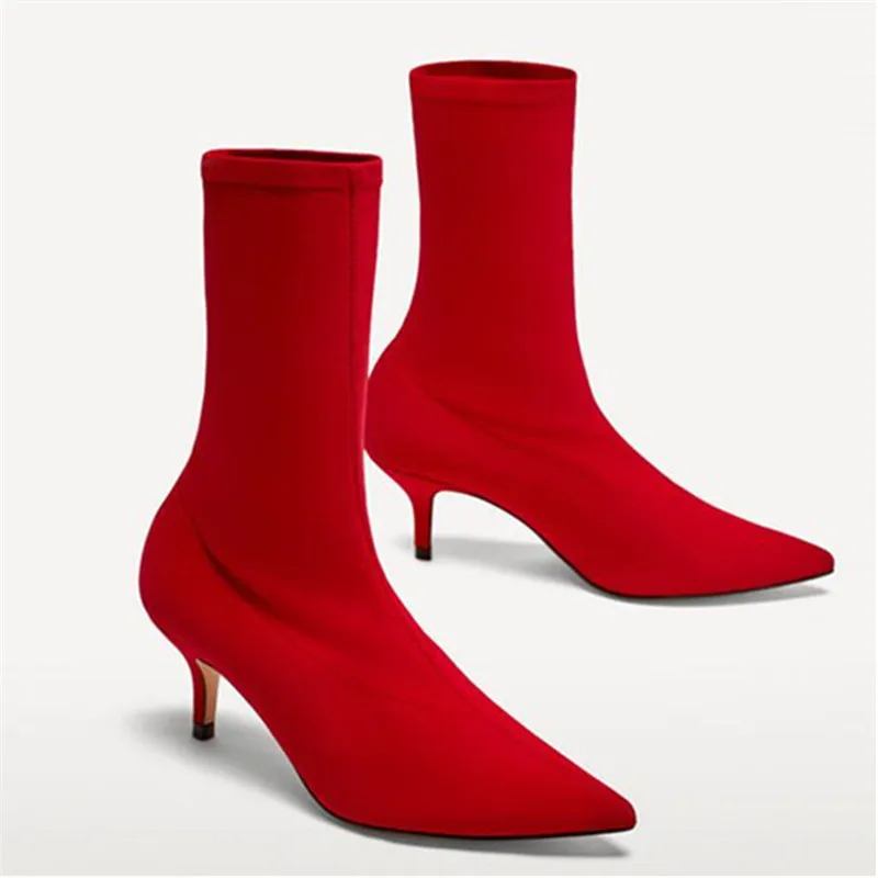 

Red Sexy Stiletto Sock Short Booties Stretch Fabric Pointed Toe 7CM High Heels Ankle Boots Women Pumps Botas Mujer