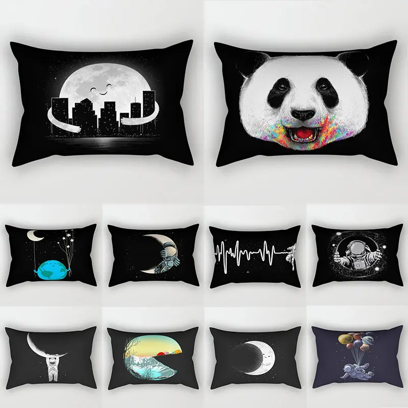 

Simple Style Black Panda Pattern Pillow Cover Home Decor Astronaut Star Moon Rectangle Cushion Cover Decorative Bedroom Cojines