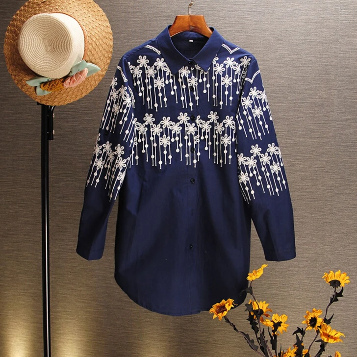 Women's Spring autumn A-Line embroidery long Shirt Female Vintage National Loose Casual plus size cotton Shirt Blouse TB1015