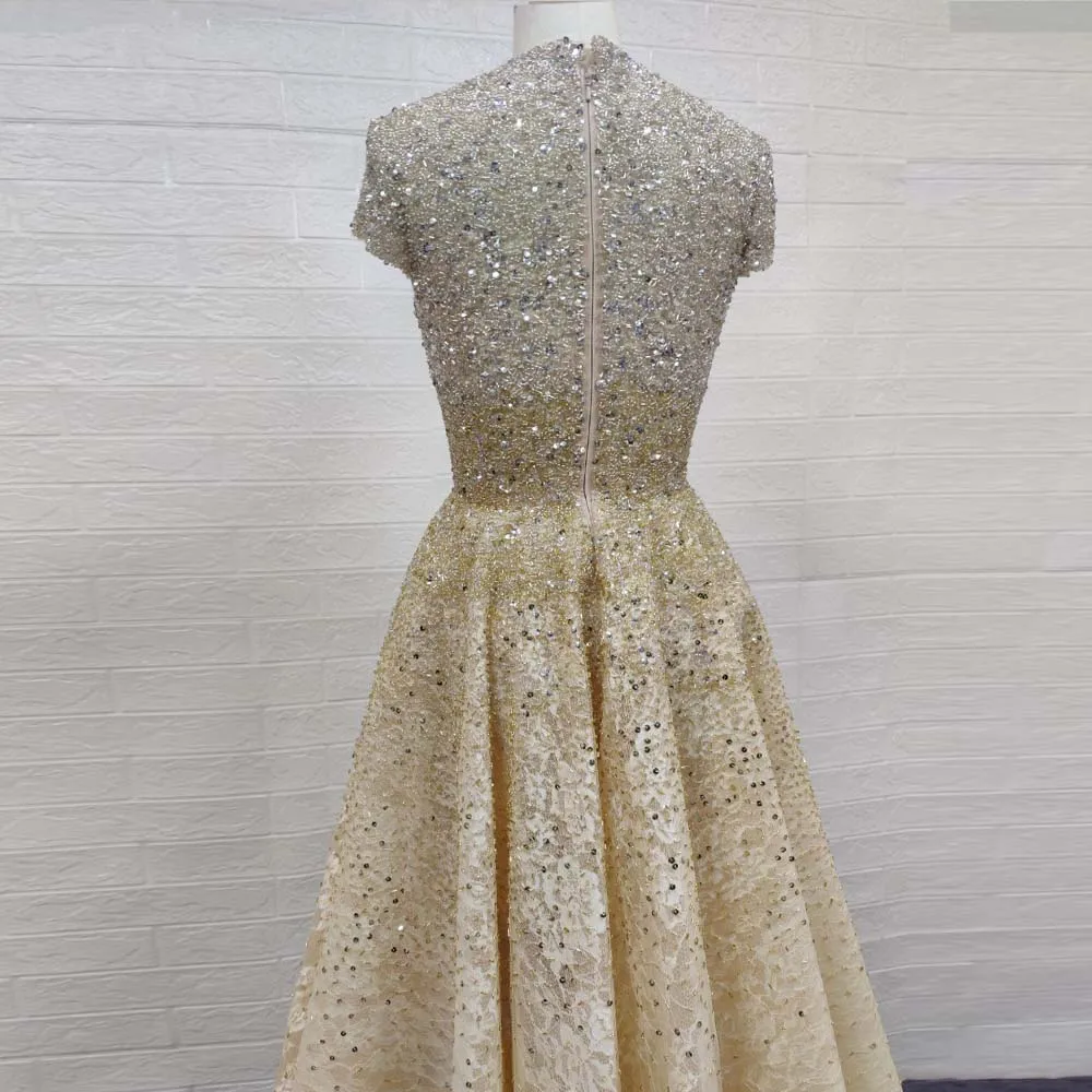 

YQLNNE Gold High-Low Evening Dresses High Neck Beaded Sequined Cap Sleeve Formal Gown Elegant Real Photos