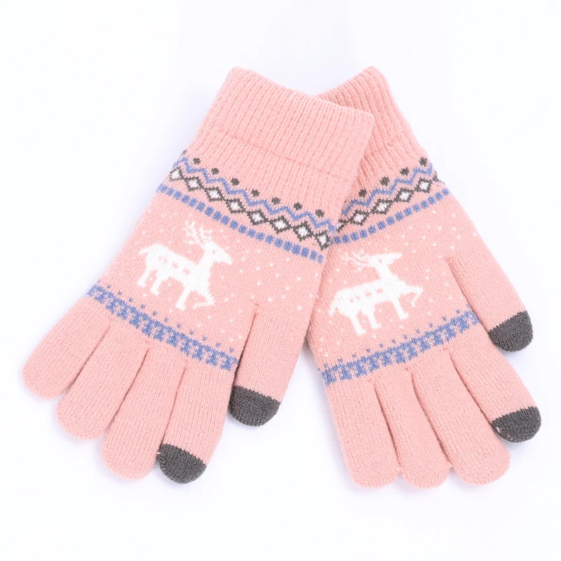 Зимние женские винтажные вязаные перчатки с оленем утепленные сенсорным экраном