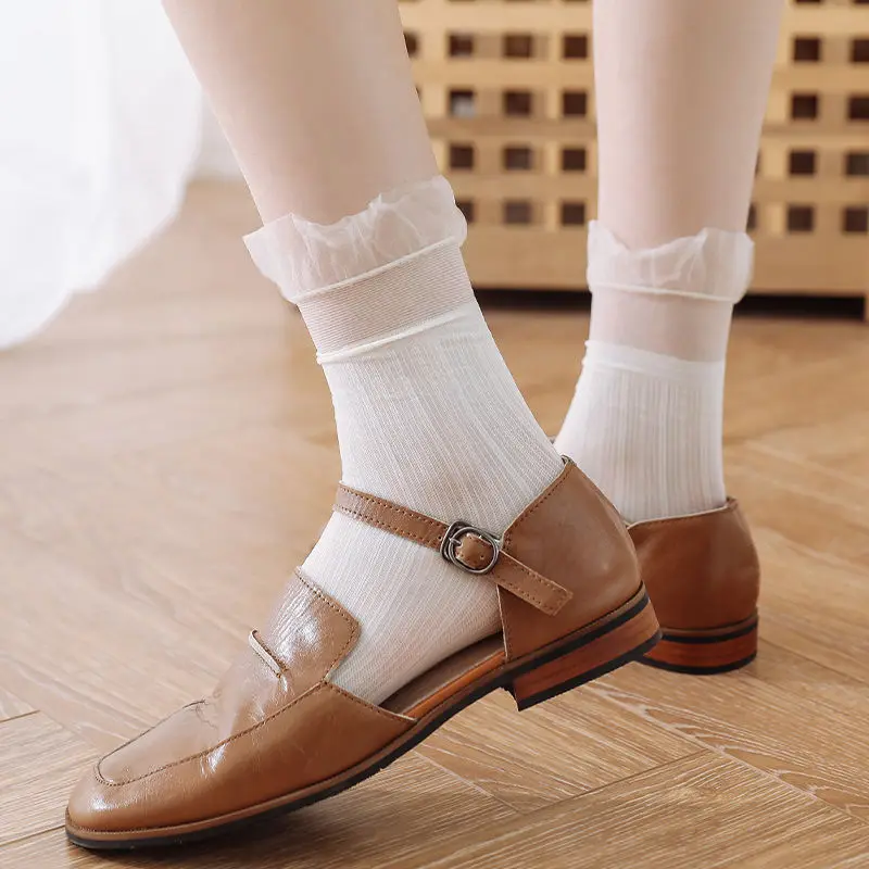 

Women Lace Mesh Black White Cotton Socks Lolita Style Japanese Maiden Lovely Short Socks Harajuku Frilly Ruffle Princess Socks