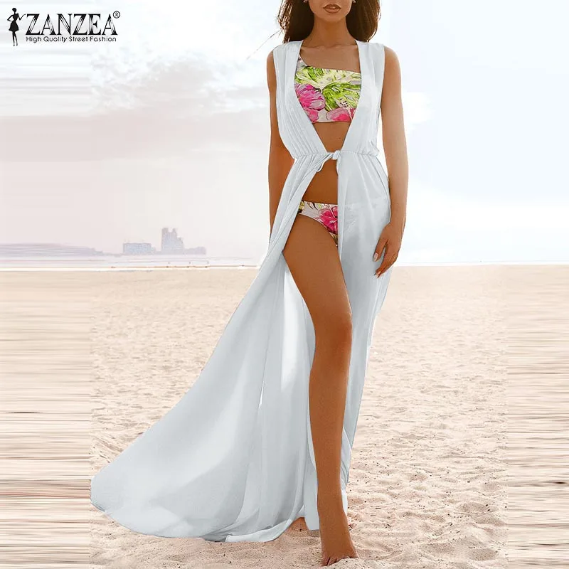 Fashion Women Lace Up ZANZEA Femme Blouses Casual Feminino Beach Cardigan Summer Solid Sleeveless Chemise Sundress Plus Size 5XL |