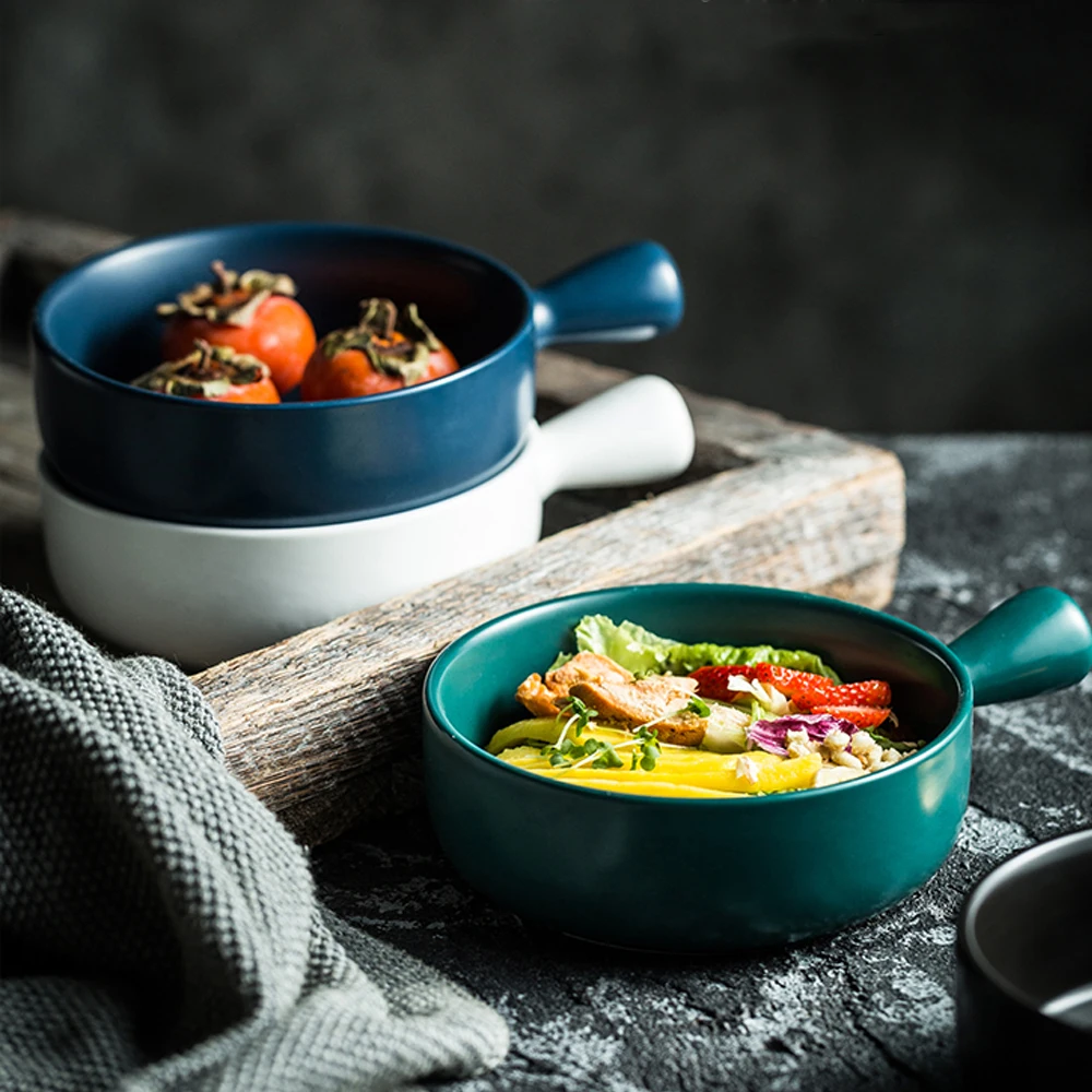 Керамическая чаша MUZITY с ручкой фарфоровая для салата или фруктов 6 дюймов