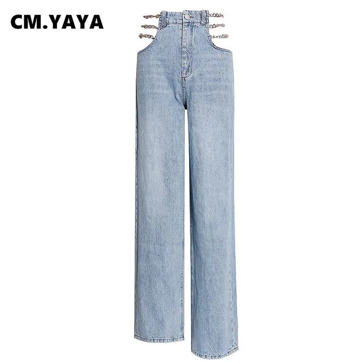 Женские джинсовые брюки CM.YAYA рваные прямые скинни с высокой талией цепочкой и