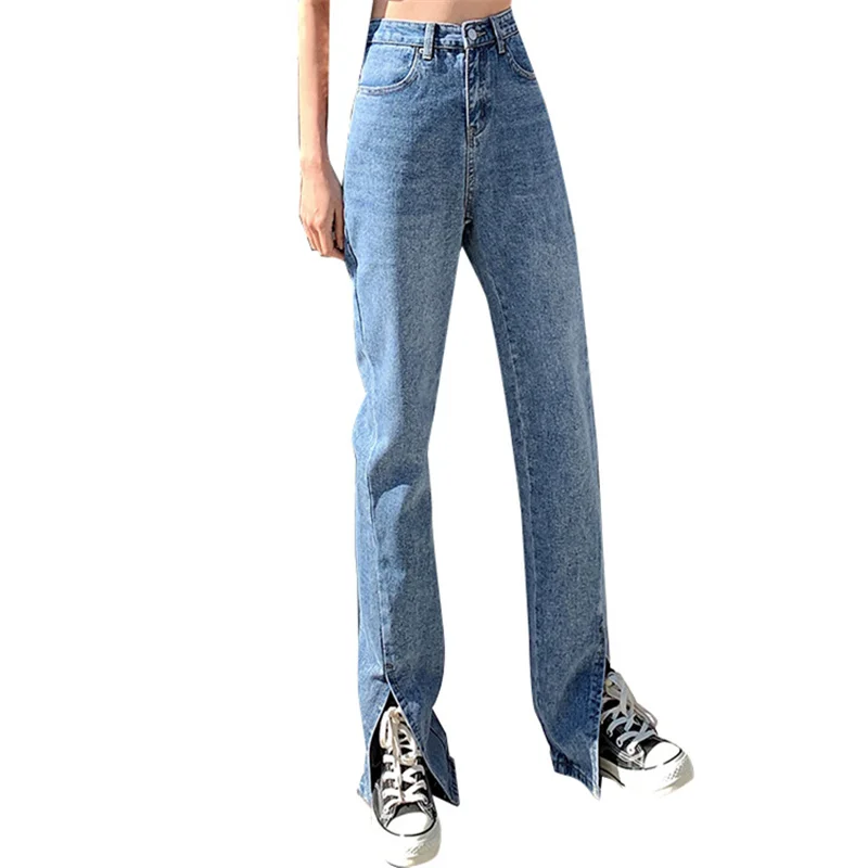 

Retro Chic Hong Kong Style Split Jeans Women's Spring and Autumn High Waist Loose Straight Slimming Small 150 Wide Leg