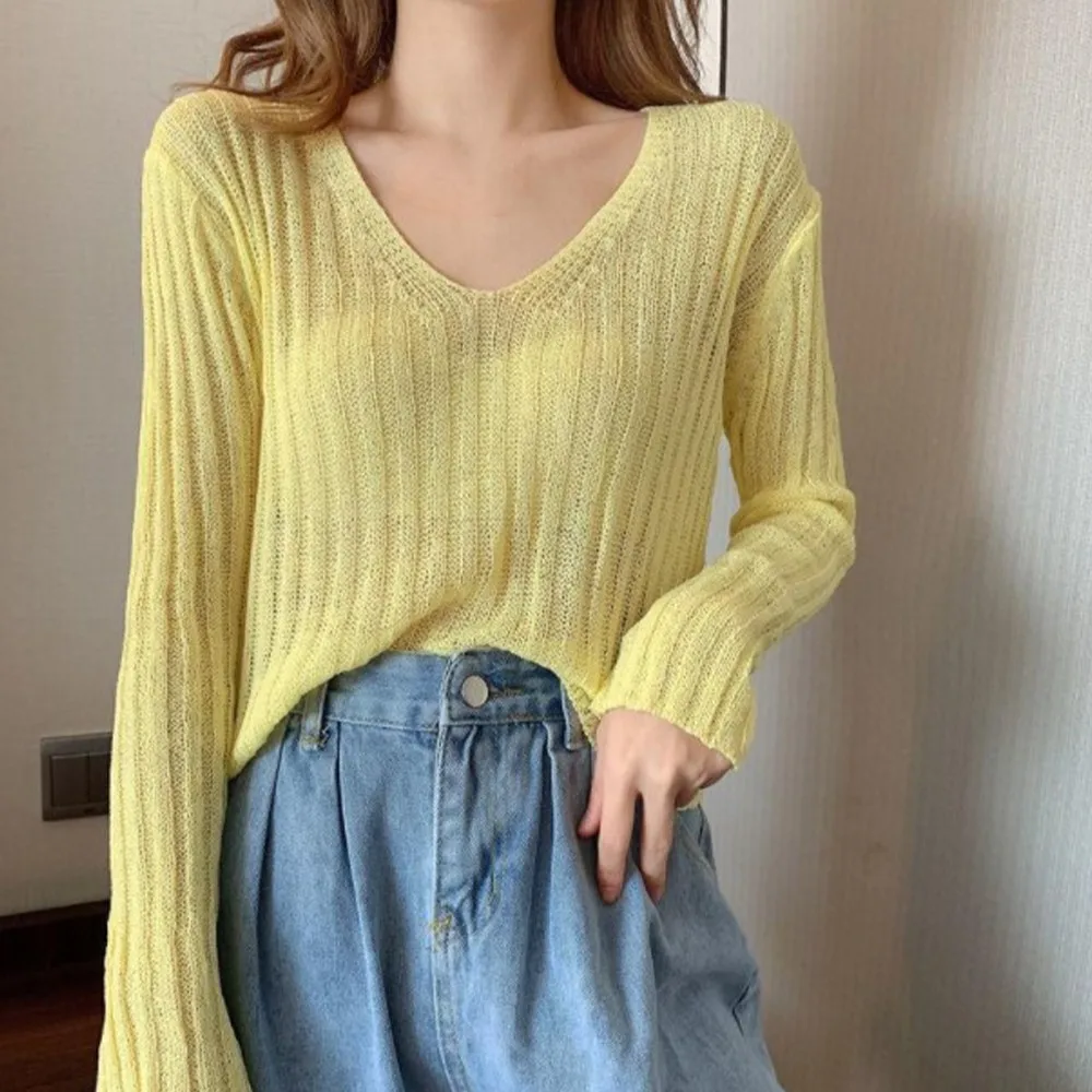 

New Spring Knit T-shirts Women Casual Loose V-neck Knitted Long Sleeve Shirt Fall Korean Solid Off Shoulder Thin Crop Tops Femal