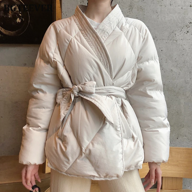 BGTEEVER клетчатые зимние пальто на шнуровке для женщин с v образным вырезом