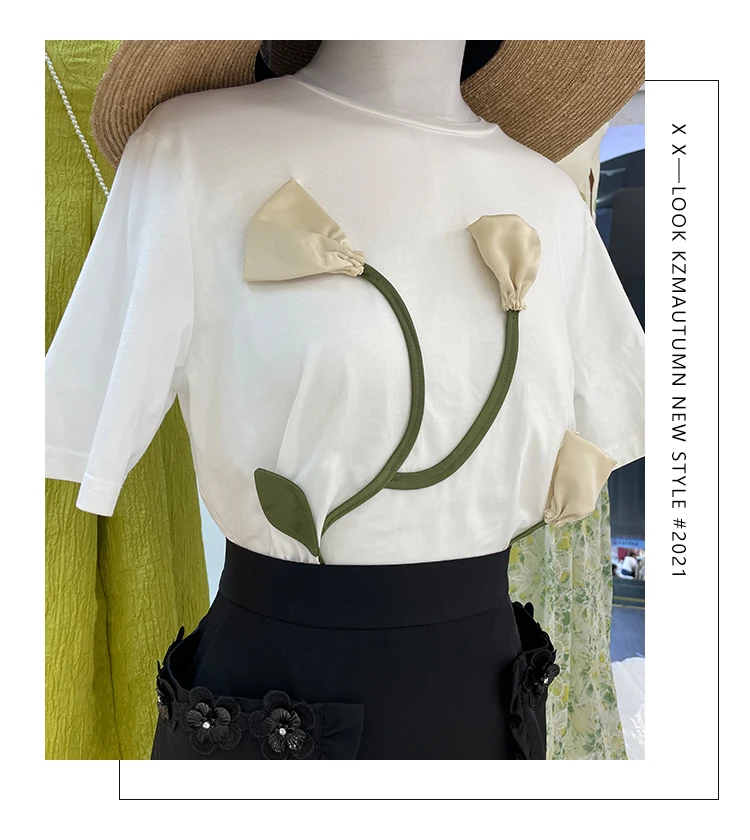 

2021 Summer Women 3D Flower Design Short-Sleeved T-shirt Female Fashion Loose Slimming Tees Round Neck Pullover Bottoming Tops