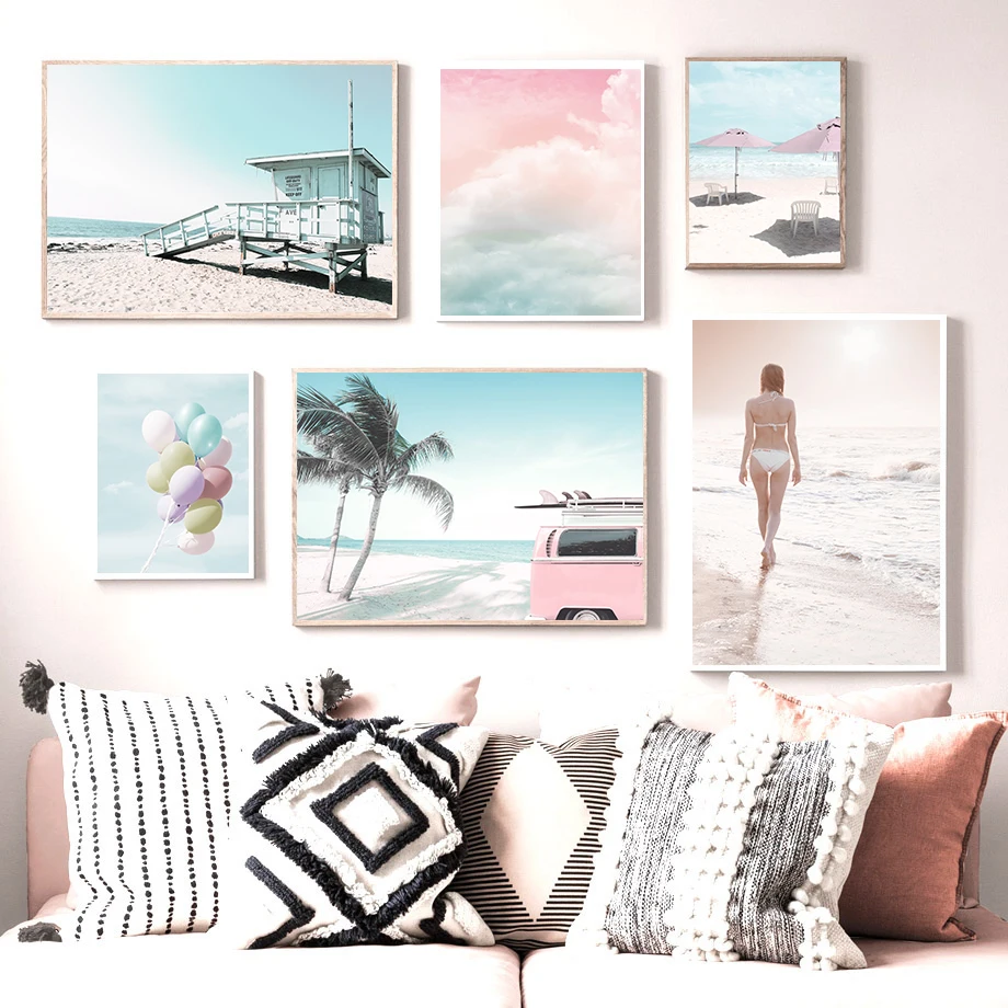 

Beach Ocean Car Coconut Tree Balloon Girl Wall Art Canvas Painting Nordic Posters And Prints Wall Pictures For Living Room Decor