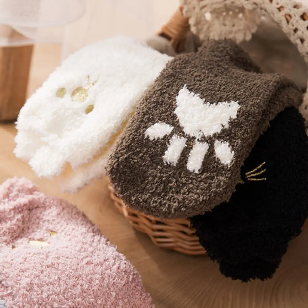 Fashion Women Thicken Warm Coral Fleece Socks Embroidery Cute Cat Beard Fluffy Ears Tube Floor | Женская одежда