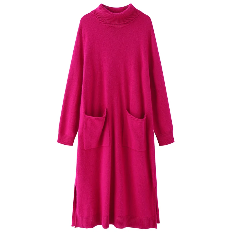 

New Autumn Winter Loose Plus Size Red Knited Bodycon Elegant Long Sweater Fashion Casual Vintage Turtleneck Wool Sweater Dress