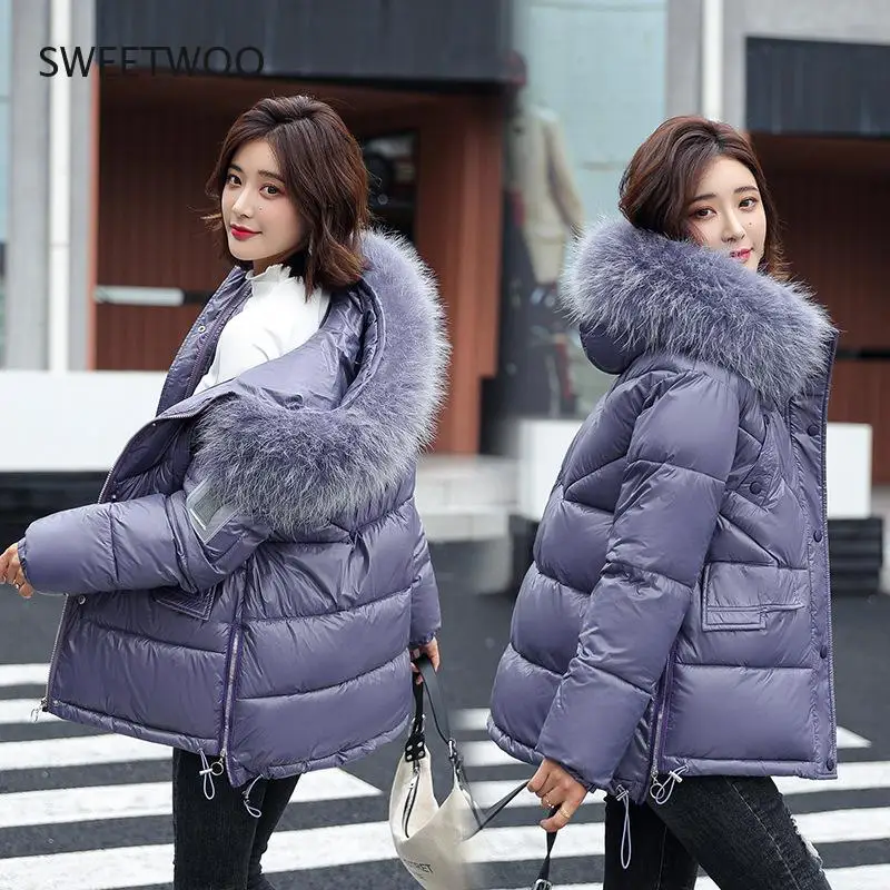 Big Fur Collar Down Jacket Women Winter Jacket overcoat Bright down jacket for women Winter Coat Women Puffer Jacket Hooded