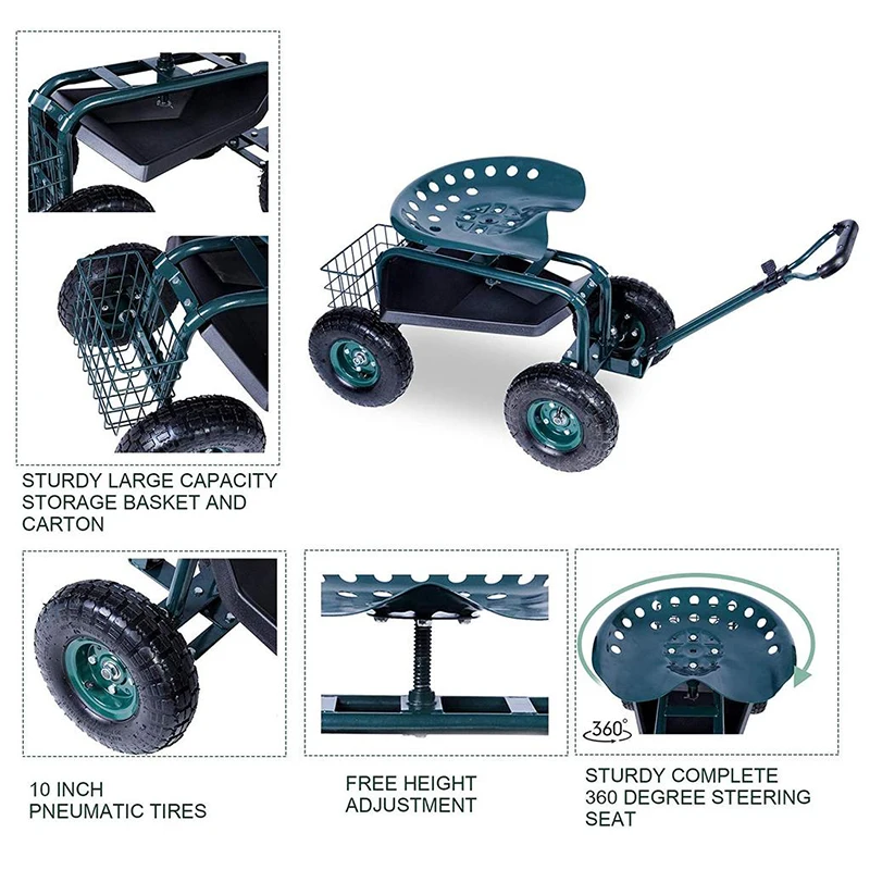 

Steerable Garden Stool Cart with Tool Tray and Storage Basket Rolling Work Seat Heavy Duty Scooter with Extendable Steer Handle
