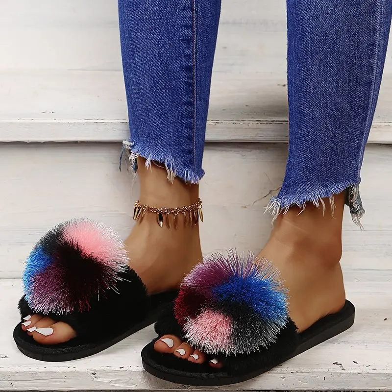 

Comfort Fluffy Women Faux Plush Fur Flats Slippers Sandals Shoes Lady Woman Flip Flops Flat Casual Loafers Slides Slippers Shoes