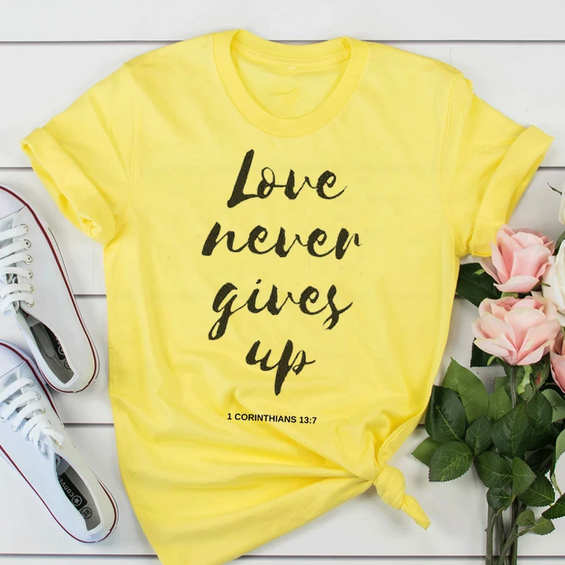 Женская футболка с надписью Love Never Give Up из чистого хлопка|Футболки| |