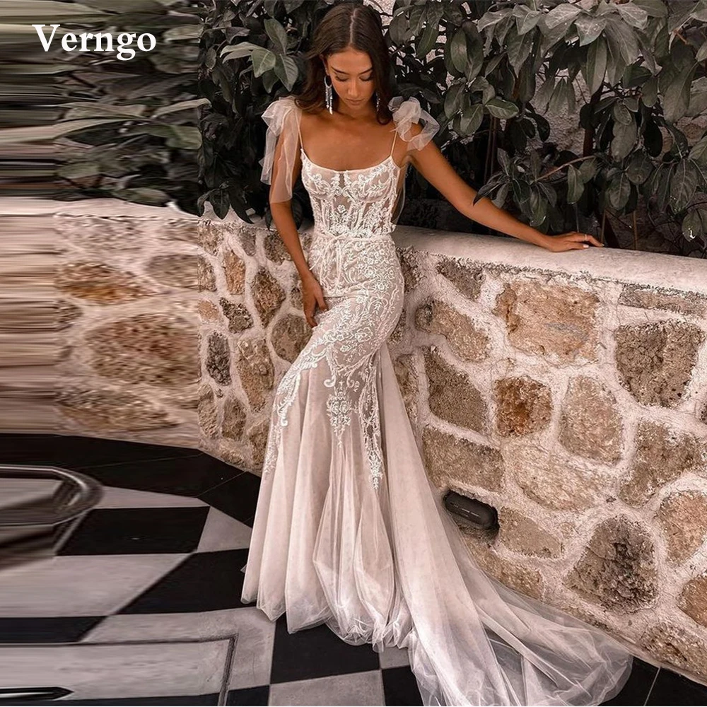 

Verngo Delicate Mermaid Lace Applique Wedding Dresses Spaghetti Straps Tulle Sweep Train Bridal Gowns Fitted Robe de mariage