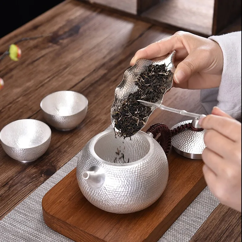 Pala de t&eacute; en forma de hoja, cuchara de t&eacute; tallada a mano de plata de ley 999, Accesorios para Juego de t&eacute; de Ceremonia de t&eacute; para el hogar-3