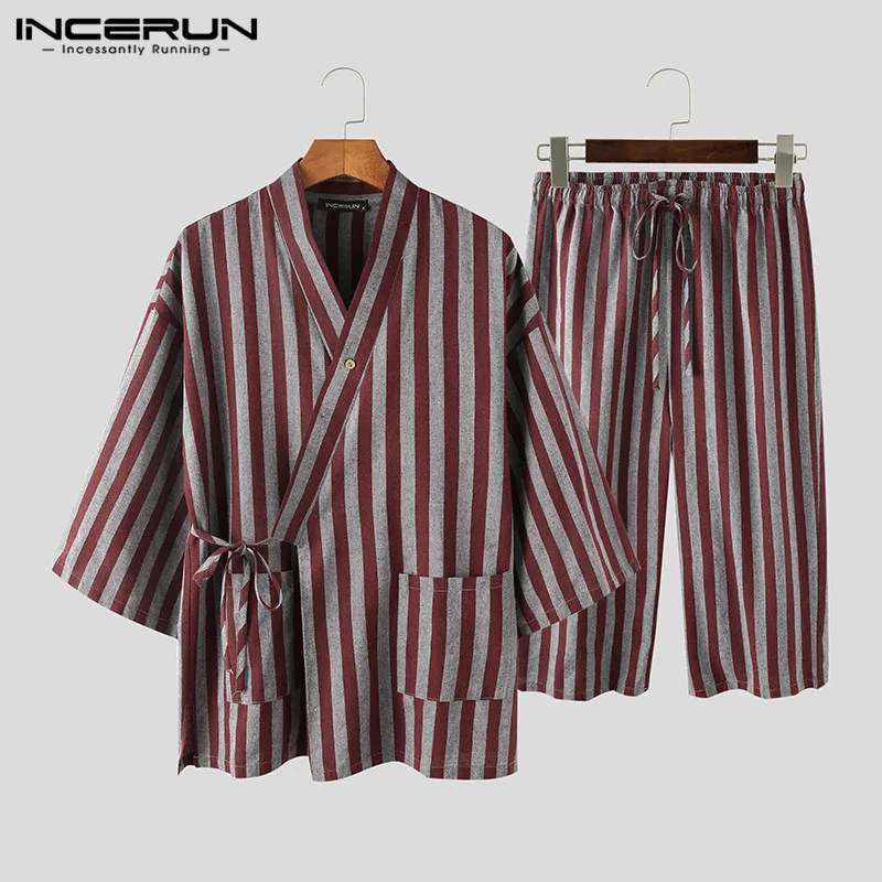 

INCERUN Men Leisure Striped Pajama Sets 3/4 Sleeve Lace Up Tops Drawstring Trousers Homewear Suits Man Kimono Sleepwear Sets 5XL