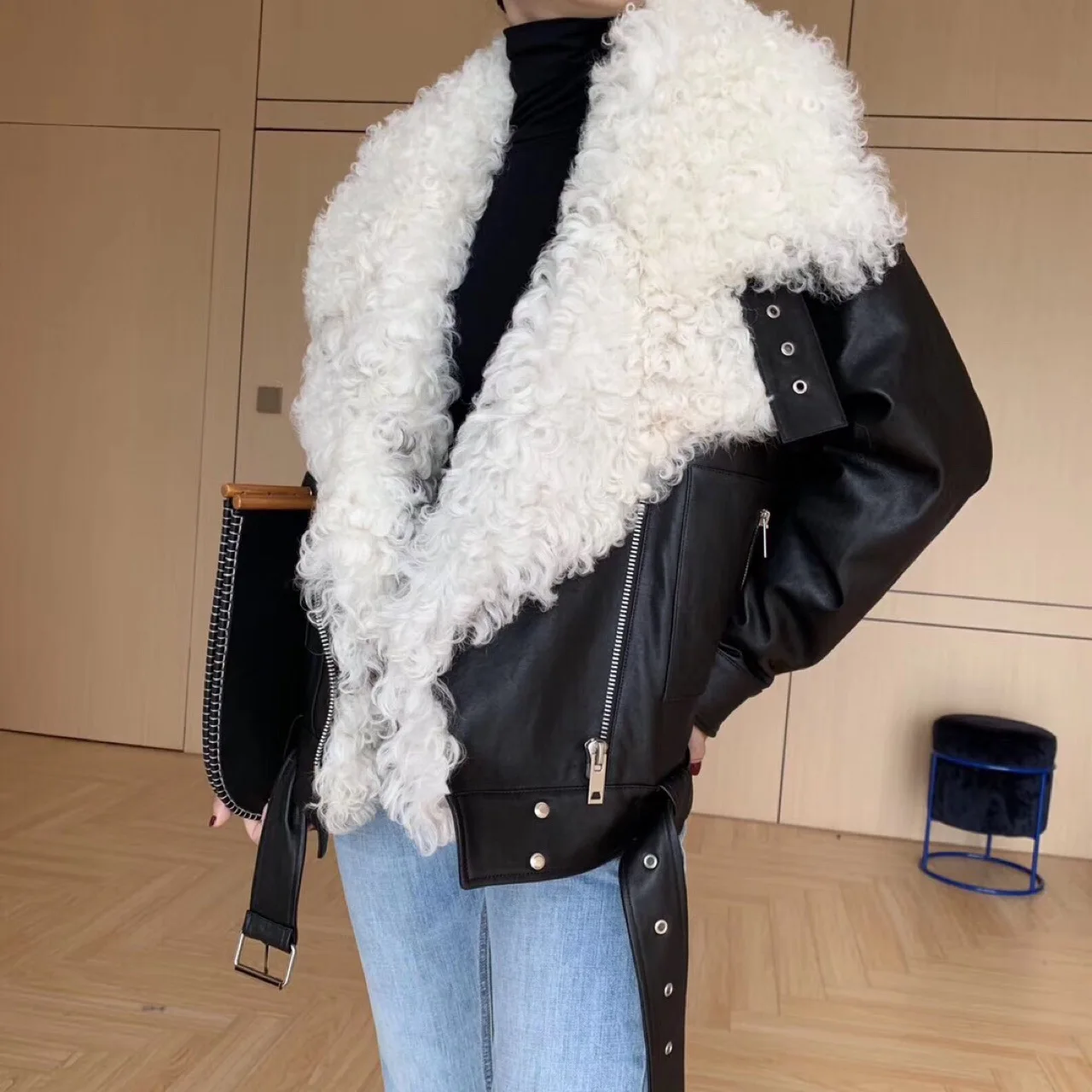 Женский Байкерский пуховик из 100% натуральной кожи Короткая Черная байкерская