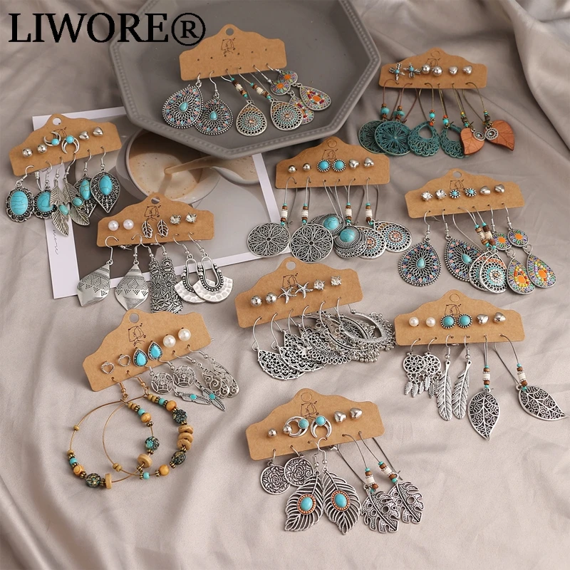 

Liwore Bohemian Round Silver Earring Set For Women Geometric Hollow Retro Pendant Earrings 2021 Trend Jewelry