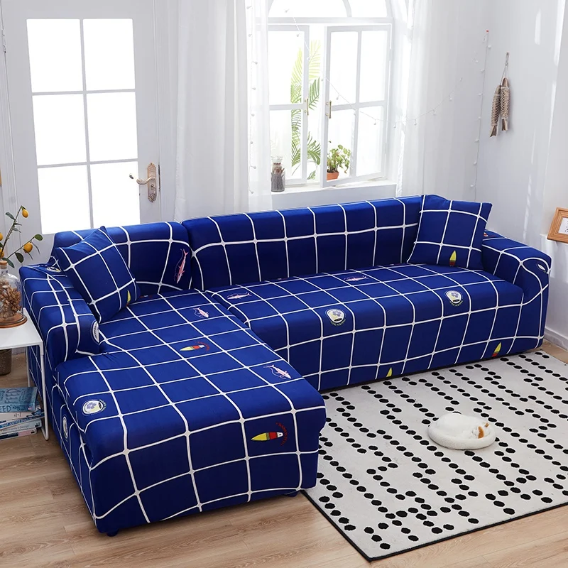 

Dark Blue Plaid Stretch Elastic Sofa Cover Detachable Wrapped Slipcover for Living Room L-shaped Corner Couch of Sofa
